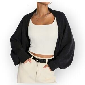 Commense Black Sleeve Cardigan Shrug Wool Blend Oversized Open Front Modern Chic